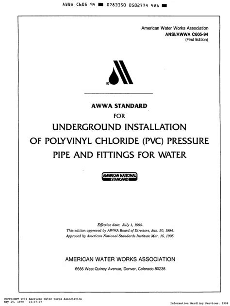 In 1978, the AWWA Standards Council authorized the AWWA Standards Committee on Thermoplastic Pressure Pipe to prepare a design and installation manual that would be followed by an installation standard for PVC pressure pipe. . Awwa c605